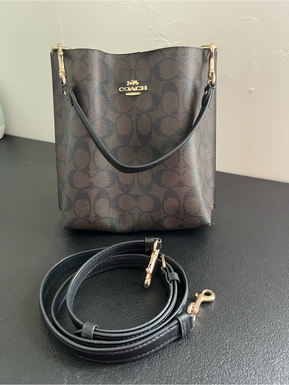 Coach Brown Signature Small Bucket Bag with Black Trim